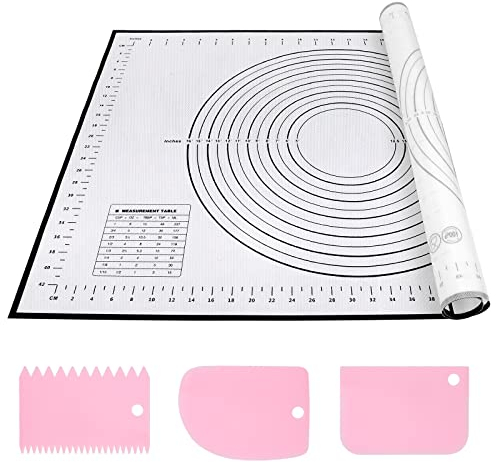 Silikon Backmatte Backunterlage Groß 70 x 50 cm Antihaft Teigmatte Ausrollmatte mit Messung Wiederverwendbar Backen Zubehör mit 3 Stück Teigschaber für Teig, Fondant, Macarons, Kekse, Pizza
