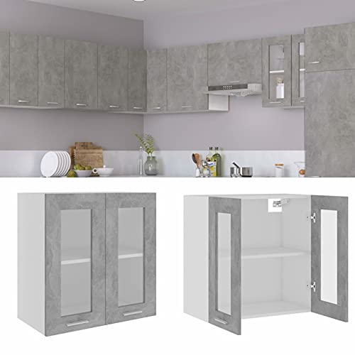 RONGQI Hängeglasschrank Küche, Küchenschrank, Schrank Mit Glastüren, Küchenhängeschränke, Wandvitrine Hängend, Betongrau 60x31x60 cm Spanplatte