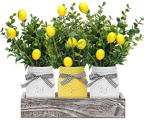 Lemon Mason Jars Centerpiece for Table, Wood Tray with 3 Painted Jars, Dining Coffee Table Centerpiece For Kitchen, Living Room, Spring Mason Jar Decor with Lemon