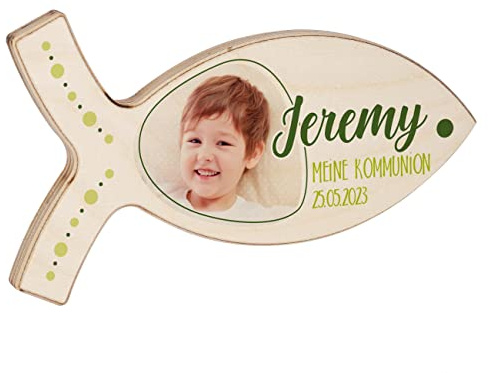 Striefchen® Personalisierter Deko-Fisch aus Holz für Taufe, Kommunion und andere Anlässe 19,5 cm x 11 cm x 1 cm (B/H/T) mit eigenem Foto Grün
