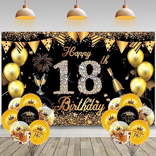 MXTIMWAN Telón de Fondo de 18 Años, Pancarta de Feliz Cumpleaños con Globos de Cumpleaños, Decoración de Oro Negro para Hombres y Mujeres