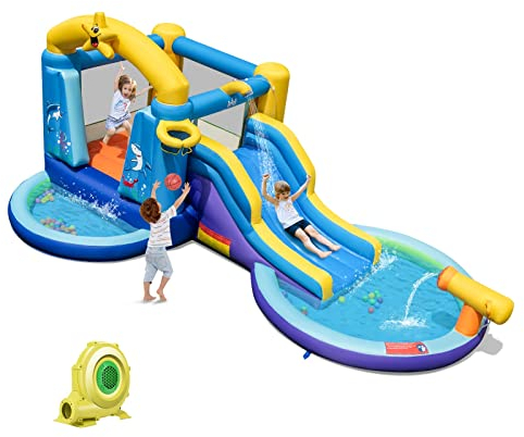 DREAMADE Aufblasbare Hüpfburg mit Gebläse, Wasserpark mit Rutsche & Sprungbereich & Wasserpistole & Ozeanbälle, 490 × 290 × 220 cm Wasserburg für Kinder ab 3 Jahre