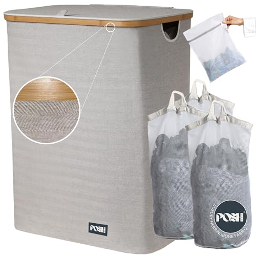 Posh Box® Luxury Herringbone XL 150L Large Triple Laundry Basket With Lid- FREE Wash Bag, 3 Section Laundry Basket With Removable Bags- Storage Basket/Linen Basket-Beige/Grey/Cotton Mix