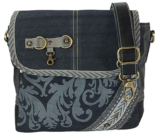 Sunsa Damen Messenger Tasche. Schwarze Umhängetasche aus Canvas & Leder | Mittelgroße Vintage Crossbody Bag mit Mandala Aufdruck & Crossover Henkel. Retro Schultertasche als Geschenkideen für Frauen