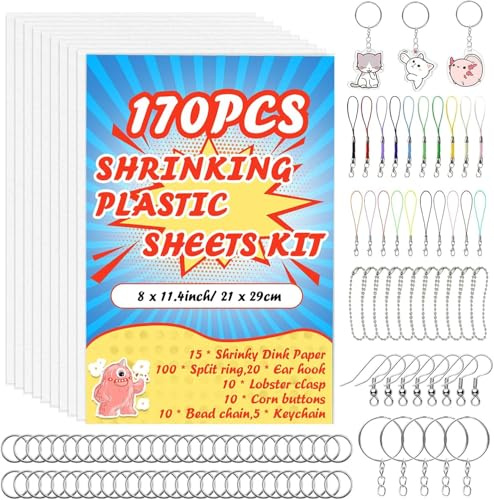 183 Piezas Kit Hojas de Plástico Termocontraíble Plastico Magico Shrink Plastic, Incluye 15 Papel de Película Retráctil 12 Lápices de Colores Perforador Llaveros para Niños Manualidades Creativas DIY