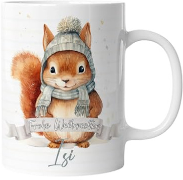 timalo® Tasse personalisiert mit Namen Geschenk „Frohe Weihnachten“ Kaffeetasse Jungen und Mädchen | Eichhörnchen-1