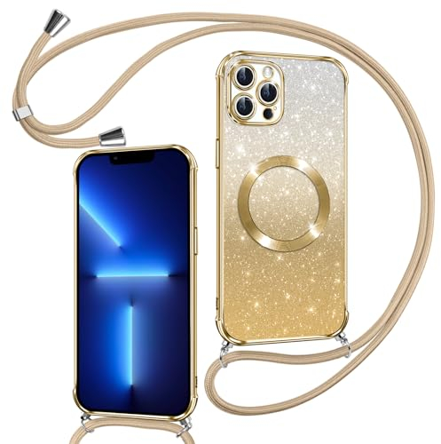 Phoona Handyband Hülle für iPhone 13 Pro Max mit Band [kompatibel mit MagSafe], Luxuriöse Glitzer Beschichtung Magnetische Handyhülle für iPhone 13 Pro Max Silikon TPU Stoßfest Schutzhülle, Gold