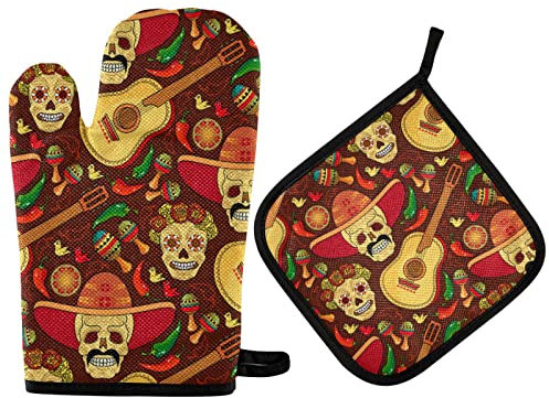 Oven Mitts Set Day of The Dead Pot Holders Mexican Skull Guitar Kitchen Oven Glove Baking Mitts 2PCS Cooking Stove Gloves Potholders Heat Pads for Grilling BBQ