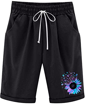 Damen-Shorts aus Baumwoll-Leinen, Übergröße, Kordelzug, elastische Taille, halbe Hose mit Taschen, Sommer, einfarbig, gerades Bein, knielange Hose, legere Arbeitsshorts, #1 Schwarz, XX-Large
