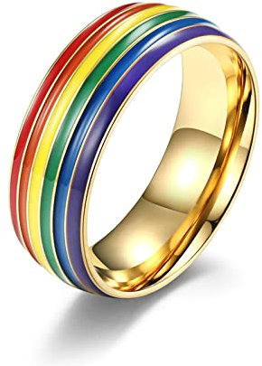 Lieson Partnerringe Herren Edelstahl, 8MM Regenbogen Streifen LGBT Verlobungsringe Freundschaftsringe Eheringe Hochzeitsringe für Herren Gold Größe 62 (19.7)