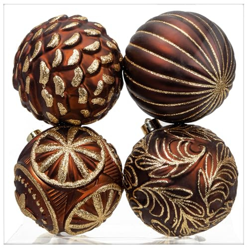 Arborus 4 STK Weihnachtsbaumkugeln 12 cm Christbaumkugeln Kunststoff Kugeln Glitzer Weihnachtsbaumschmuck Bronze Christbaumschmuck Weihnachtskugeln Tannenbaumkugeln für Adventsdeko Weihnachten Deko