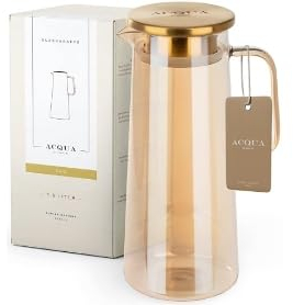 Auauraintt Jarra de Vidrio con Tapa, 1,5 L Jarras Agua Cristal,con Tapa de Acero Inoxidable, Vidrio de borosilicato Resistente al Calor, para Limonada, Agua, té y Zumos (Dorado)