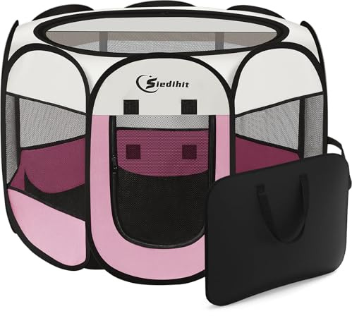 Pink Welpen-Laufstall für mittelgroße Hunde und Katzen, Hundezelt, Käfig für drinnen und draußen, tragbare Pop-Up-Hundehütte mit Tragetasche für Kaninchen, abnehmbare Oberseite (Rosa, Größe M (91,4 x
