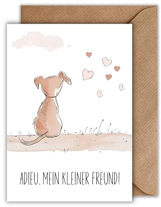 WBdesignz Trauer Karte Haustier mit Umschlag - einfühlsame Trauerkarte “Adieu, mein kleiner Freund” besinnliche Beileidskarte für Hund aufrichtige Kondolenzkarte Beileid Tier Anteilnahme (DIN A6)