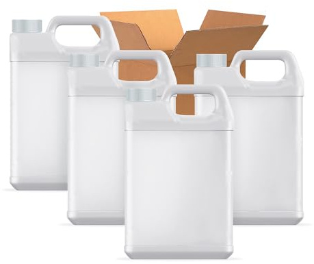 Relevanex 1-Gallon Plastic F-STYLE Jug (4-Pack) Reusable w/Shipping Box, Food-Safe, BPA Free | Heavy-Duty HDPE Containers for Water, Sauces, Soaps, Detergents, Liquids | Includes Screw-On Caps