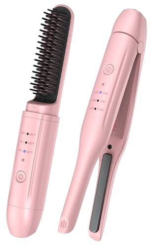 2Pcs Pink Cordless Portable Hair Straightener and Travel Hair Straightener Brush Set with Carrying Case, Hair Straightening Irons and Hot-Air Hair Brushes Set for Beauty and Personal Care