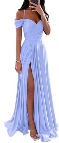 YIANN Robe de demoiselle d'honneur en satin à épaule dénudée pour femme avec fente, à volants, de ligne A, robe de soirée formelle de bal, lilas, 40
