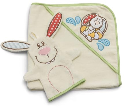 NICI Set Kapuzenbadetuch Hase Tilli 70x70cm inkl. Spiel -Waschhandschuh 23x14cm in Geschenkbox 28x28x4cm beige - Handpuppe mit Greif Elementen - Babyspielzeug für die Badewanne zum Greifen & Spielen