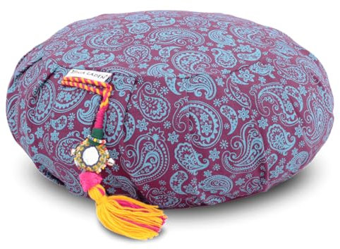 Yoga Laden Meditationskissen Rund - Paisley Zafu - 15cm Hoch - Buntes Yogakissen mit waschbarem Bezug aus 100% Baumwolle - Bedrucktes Yoga-Sitzkissen mit Bio Buchweizenschalen Füllung (Lila)