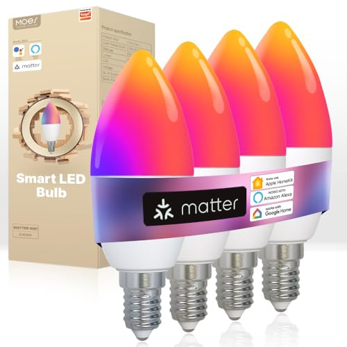 MOES Smart Glühbirne Matter E14, WLAN Alexa LED Lampe RGBCW, WW, mit Dimmbar, Musiksynchronisation, 16 Millionen Farben, kompatibel mit Apple HomeKit, SmartThings, Alexa, Google Home,4 Stück