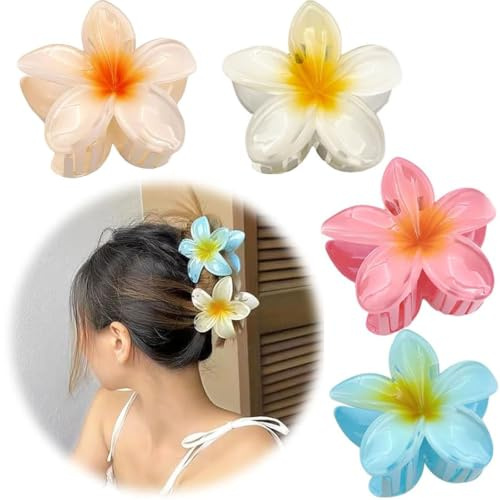 4 Stück Blumen-Haarklammern, Kunststoff Blumen Haarklammer, Flower Hair Clip Starker Halt für Dickes Dünnes Haar, Rutschfeste Haarklammern für Damen, Hawaiian Farbenfrohe Haarclips, 4 Farben