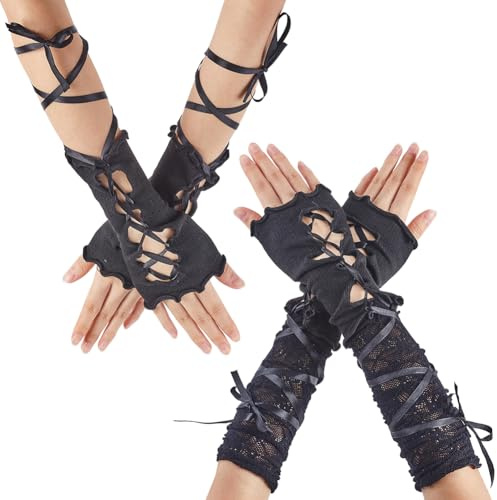 GORGECRAFT 2 Paar 2 Stile Schwarze Fingerlose Lange Spitzenhandschuhe Für Damen Verstellbar Punk Lolita Kurzhandschuhe Vintage Zerrissene Feen Armstulpen Ärmelhandschuhe Ellenbogenschnürung Steampunk