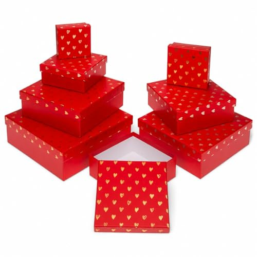 8-teiliges Set Geschenkschachteln Geschenkboxen Geschenkkarton, 8 Stück Geschenkkartonage Boxenset Weihnachten Geburtstag Hochzeit, ca. 22,5 x 22,5 x 8 cm (Rot mit metallischen Herzen)