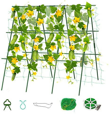 SUNYRISY Garden Cucumber Trellis for Climbing Plants Outdoor, A-Frame Trellis Plant Support for Raised Bed Vines Vegetables Beans with Netting, 120 x 120 cm