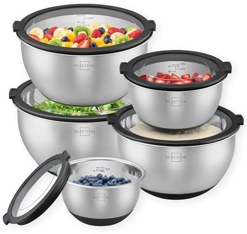 SILBERTHAL Saladiers Inox avec Couvercles Hermétiques Lot de 5 - Bol melangeur - Échelle Graduée - Cul de Poule Inox - Idéal pour Conserver ou Mixer