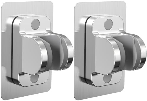 2Pcs Strong Adhesive Adjustable Shower Head Holder- Wall Mounted Heavy Duty Shower Head Shelf, Plastic Bracket Stick on Wall, ABS Mount for Bathroom Fix Firmly and Use Conveniently (Silver, 2)