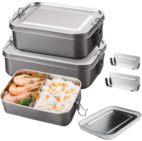 LEKEFETO 2 Stück Edelstahl Brotdose, 850ml +1400ml Lunchbox mit Bewegliche Trennwand, Auslaufsicher Brotdose Edelstahl, Design Schnappverschlüssen, für Kinder und Erwachsen, Spülmaschinengeeignet