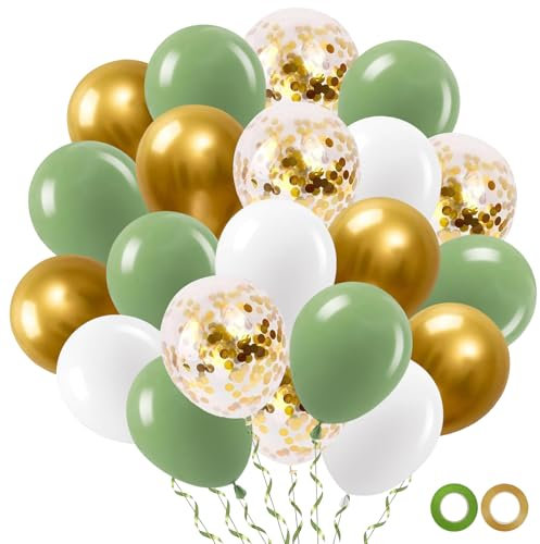Grüne Luftballons, 50 Stück Retro Grüne Weiß Goldene Luftballon, Metallic Konfetti Ballons, 12 zoll Helium Ballons, mit 2 Rollen Band, für Geburtstag Hochzeit Party Baby Shower Taufe Jugendweihe Deko