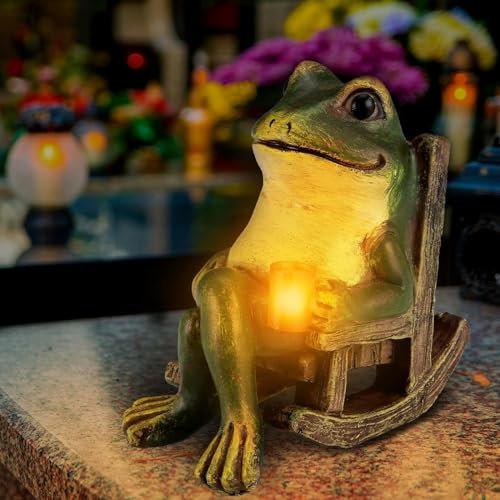 EHOTER Statue De Grenouille Grenouilles Déco Figures Figurine Grenouille Résine Étanche avec Lumières LED Décoration Solaire pour Jardin Extérieur Decoration pour Balcon Chambre (A)