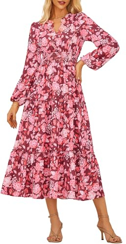 GRACE KARIN Women Dress Maxi Long Sleeve A Linie Elegant Floral Dress Wedding Guest Red Pink White Flower L