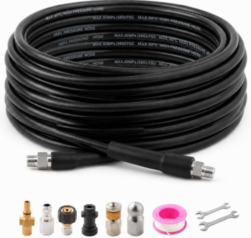 30m High Pressure Washer Drain Cleaning Hose Kit – 5800PSI/400Bar Sewer Jetter Hose for Washer Gun Includes 4 Adapters, 2 Corner & Rotating Nozzles for Cleaning Sewers, Sinks and Drains (30m)