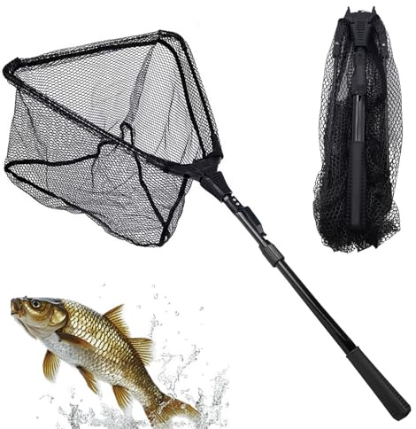 POPAPIE 1 pz Retino Pieghevole da Pèsca,Rete da Pesca,Guadino per Pesca Telescopico,Retino da Pèsca con Alluminio Manico per Acquario Trota Carpa E Oggetti Galleggianti per Stagni (Nero)