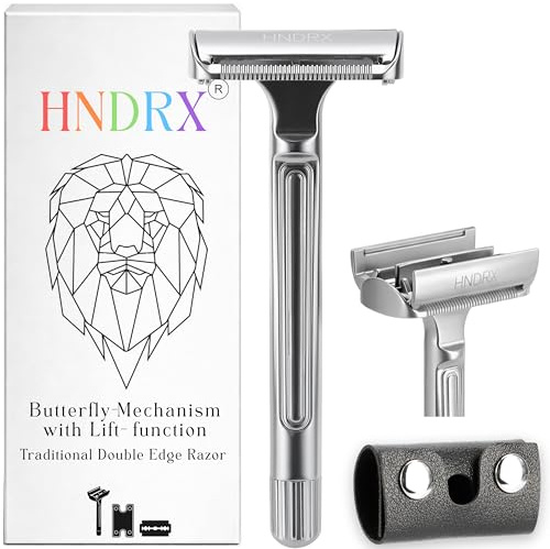 HNDRX® Rasierhobel Herren Safety Razor Damen Nassrasierer mit Butterfly Mechanismus 30° Winkel ink. 10 Japanische Rasierklingen (Gris Platine)