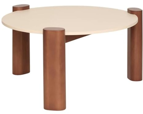 PEGANE Table Basse Ronde sur 3 Pieds Coloris Noyer/Beige - Diamètre 85,5 x Hauteur 43 cm