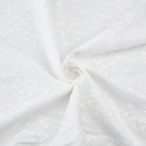 CABODYALS 1.48 Yard (Ca. {91} cm) Weißer Bestickter Baumwollstoff Mit Blumenmuster Meterware Vintage Spitzenstoff Mit Muschelkante Weicher Canvas Stoff Mit Blumenmuster Zum Nähen Heimdekoration Hochze