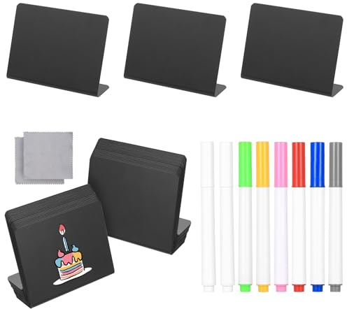 32 Mini Ardoise Effacable, Petite Ardoise de Table, Petit Tableau Noir Ardoises étiquettes, Mini Tableaux Noirs, Chevalet Etiquette pour Buffet Fête Mariage Boulangerie, 8 stylos, 2 chiffons inclus