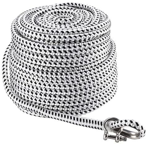 NovelBee 1/2inch x 200feet Boat Anchor Rope,Double Braid Nylon Anchor Line with Stainless Steel Thimble and Shackle,Heavy Duty Nylon Rope for Boat,Towing,Docking,Mooring (White&Black)