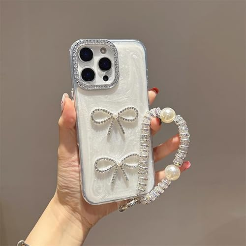 HAOFUGUI Funda Brillante para Moto Edge 40 Neo, con Lazos de Strass, Carcasa TPU Transparente Antigolpes, con Borde de Cámara Bling y Pulsera de Perlas Desmontable-Blanco