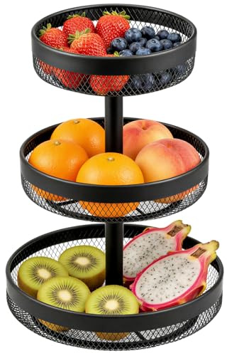 ANEELV Dreistöckiges rundes Obst- und Brotregal, auch als Kuchenständer oder Tortenständer geeignet, aus schwarzem Metall.