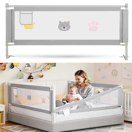 Vkechh Griglia per letto 200 cm x 1 + 180 cm x 1 cm, altezza regolabile 70 – 98 cm, griglia di protezione per letto per bambini e letti dei genitori, grigio