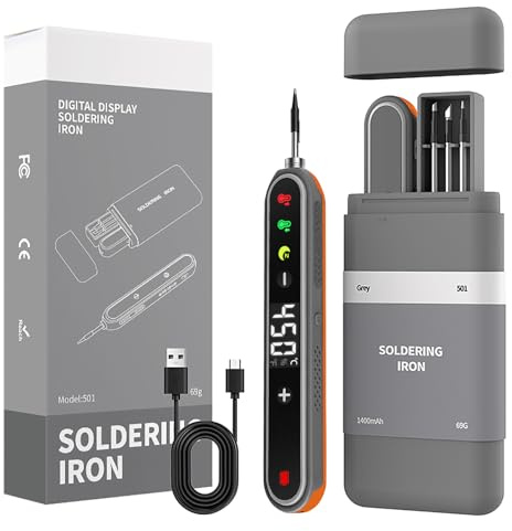 VOKTTA Cordless Soldering Iron Kit with Stand, 3 Soldering Tips - Gray | LCD Display, Adjustable Temperature 180-450°C for Repairing Circuit Boards, Welding Repairs