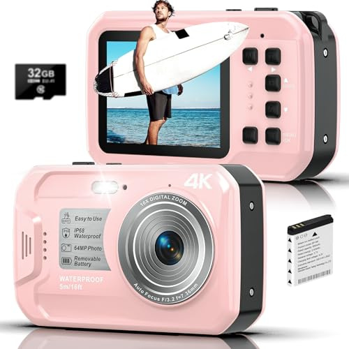 Appareil photo sous-marin 4K UHD 64 MP autofocus numérique étanche avec carte 32 Go, IP68 et 16FT caméra sous-marine avec écrans IPS HD, zoom numérique flottant 16x, lumière éclaircissante, pour la
