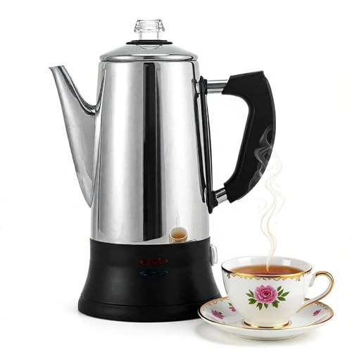 Percolateur à café électrique en acier inoxydable avec base rotative à 360°, voyant de chauffage, capacité de 1,8 l (12 tasses), garde au chaud 30 minutes pour café, thé, cacao, flocons d'avoine