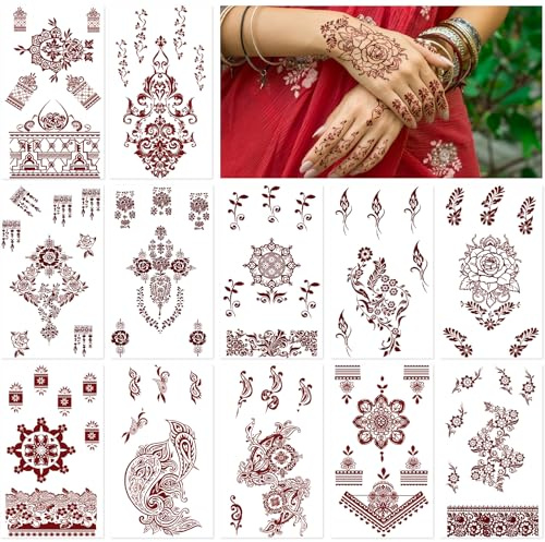 RAZET 12 Blätter Henna Tattoo Aufkleber Braun, Wasserfest Temporäre Mehndi Tattoos für Erwachsene Mädchen, Realistische Tattoo Sticker für Hand Arm Körper, Ideal für Hochzeit Party HN-031-042