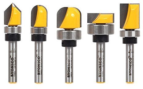 Yonico 14525q - 5 Bit Template Router Bit Set, V-Groove, Core Box, Bowl, Hinge Mortise & Dado - 1/4 Shank