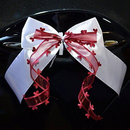 Miya@ 20 hochwertige super schöne handgemachte weiß Antenneschleifen mit weinrot/rot Herzschleifen aus Satin, glatt Oberfläche, Auto Schleifen, Hochzeit Deko, Autoschmuck